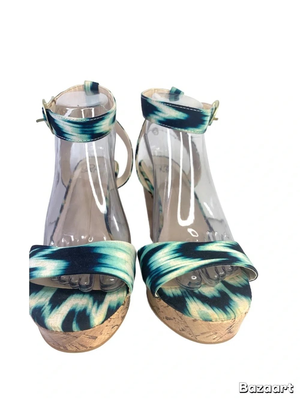 New York & Company Blue Green Abstract Print Cork Wedge Sandals Women’s Size 9